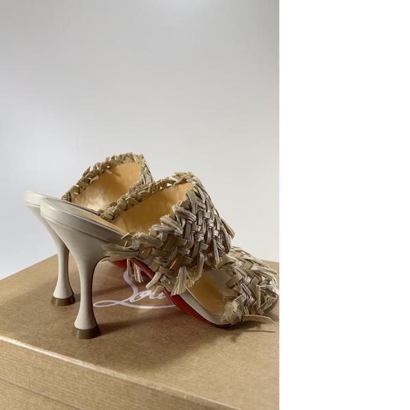 Meroine 85mm raffia Tan Woven fringe heels mules D985 - Picture 3 of 11